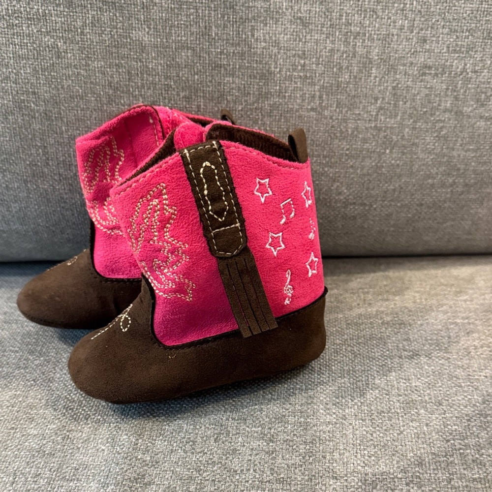 Toddler Brown and Pink Embroidered Cowboy Booties
